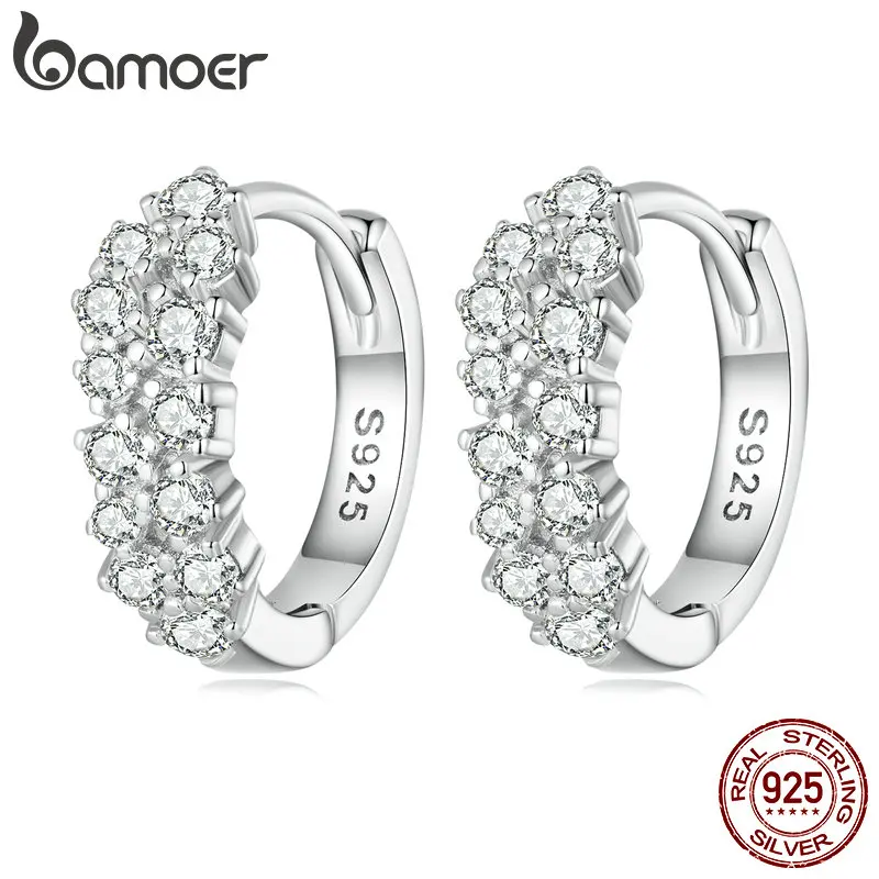 Bamoer 925 Sterling Silver Shiny Zircon Ear Buckles for Women Luxury Earrings Fine Jewelry Anniversary Gift BSE730