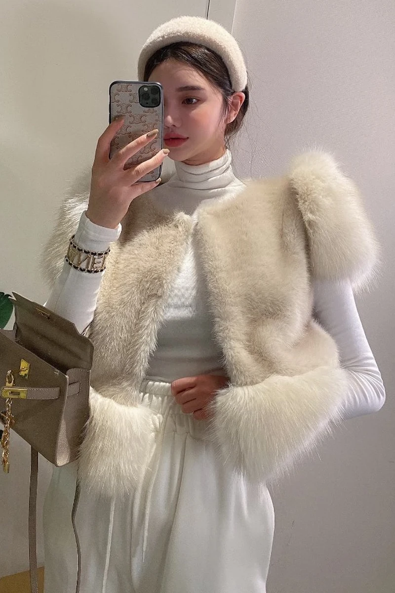 Gilet di peluche bianco in stile coreano da donna 2022 autunno inverno cuciture retrò cappotto di pelliccia di volpe sintetica pesante giacca corta gilet moda