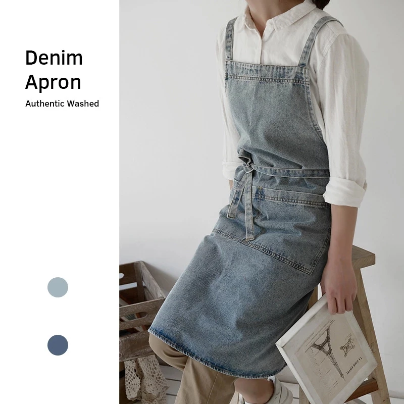 Denim Apron Cotton Korean Canvas Antifouling Home Cleaning Kitchen Cooking Work Clothes Barber Apron Leisure Gardening Baking