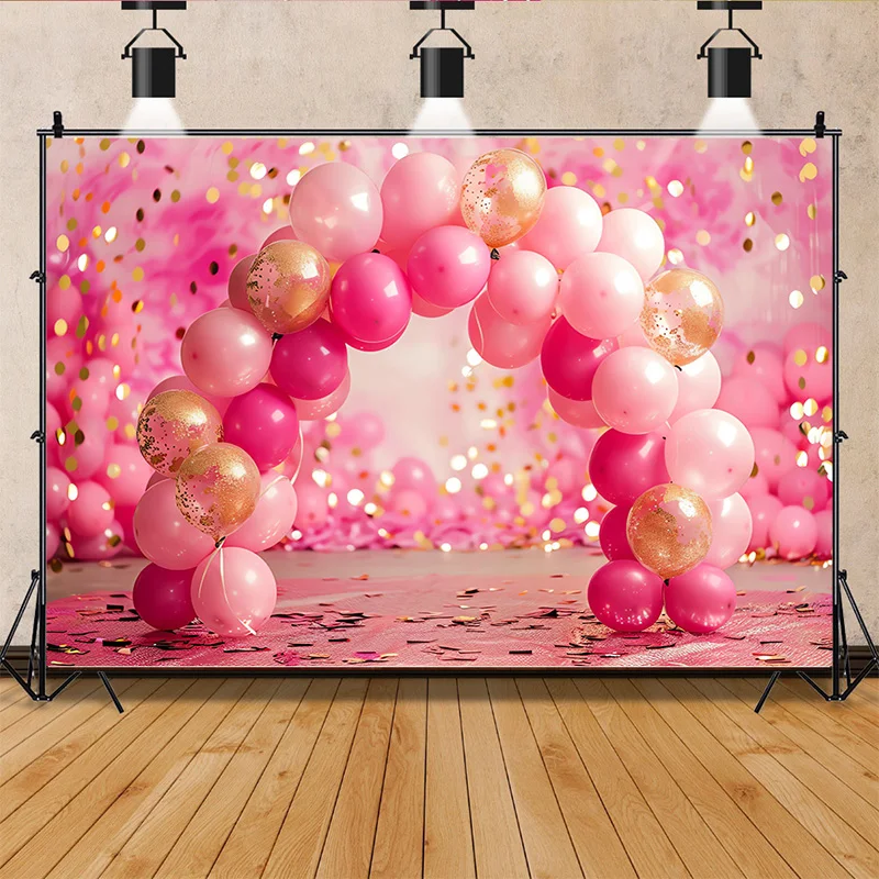 

Happy Birthday Photography Background Number Pink Bear doll Hydrogen balloon Floral Baby Party Backdrops SR-78