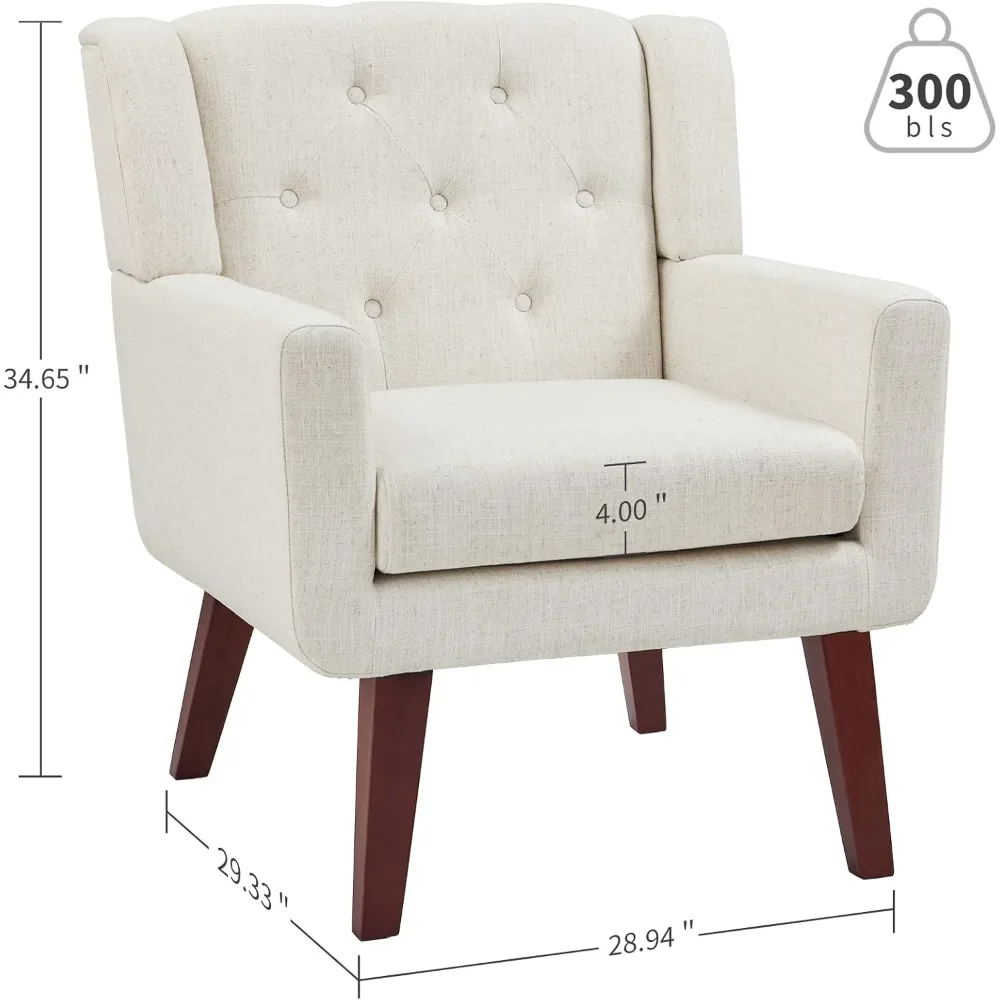 Accent Reading Chair Button-Tufted Upholstered Comfy Mid Century Modern Chair with Linen Fabric Lounge Arm Chairs for Living Roo