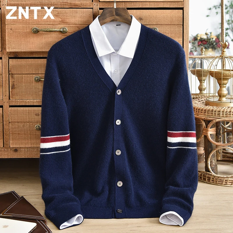 Winter pure cashmere cardigan men\'s thick button striped contrasting V-neck long sleeved knitted casual jacket Korean style