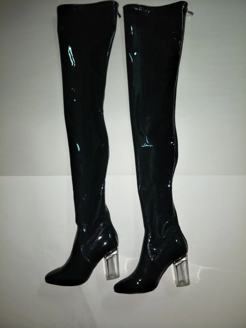 

Fashion Patent Leather Over The Knee Boots Back Zipper Round Toe Woman Transparent Square Heel Long Boots