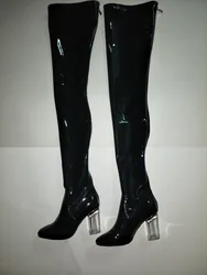 Fashion Patent Leather Over The Knee Boots Back Zipper Round Toe Woman Transparent Square Heel Long Boots