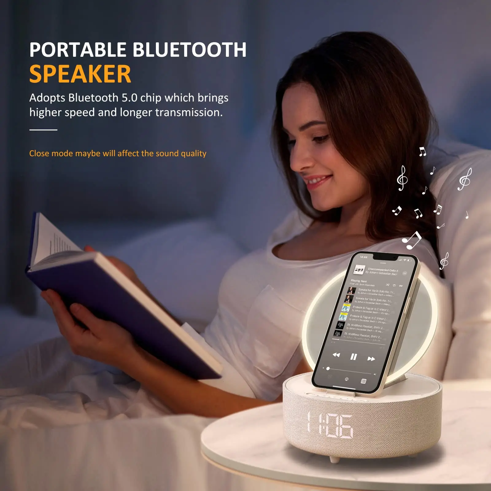 COLSUR S33 Bluetooth Speaker with Digital Alarm Clock Fast Wireless Charging Night Light Bring a Makeup Mirror Girl Gift