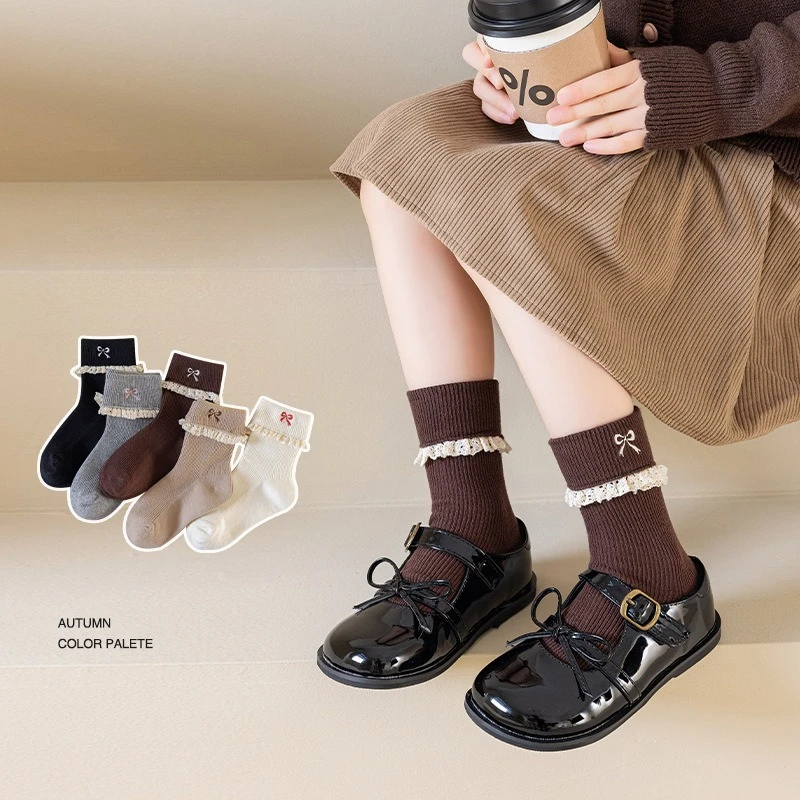 Korean Fashion Cute Girl's Fall New Lace Bow Mid-Crew Socks for Kids Double-layer Sock Princess Cotton Cal Ankle Socks for Girls