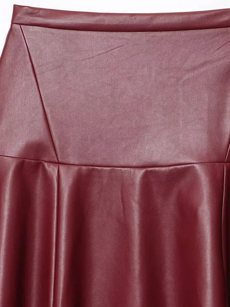 Women 2025 Autumn New Fashion Faux Leather Midi Skirt Retro High Waist Chic Rear Zipper Draped Slim Skirt Mujer