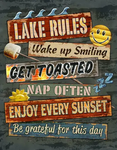 Lake Rules Camping House Hunt Cabin Rustic Bonfire Wall Décor Metal Tin Sign New