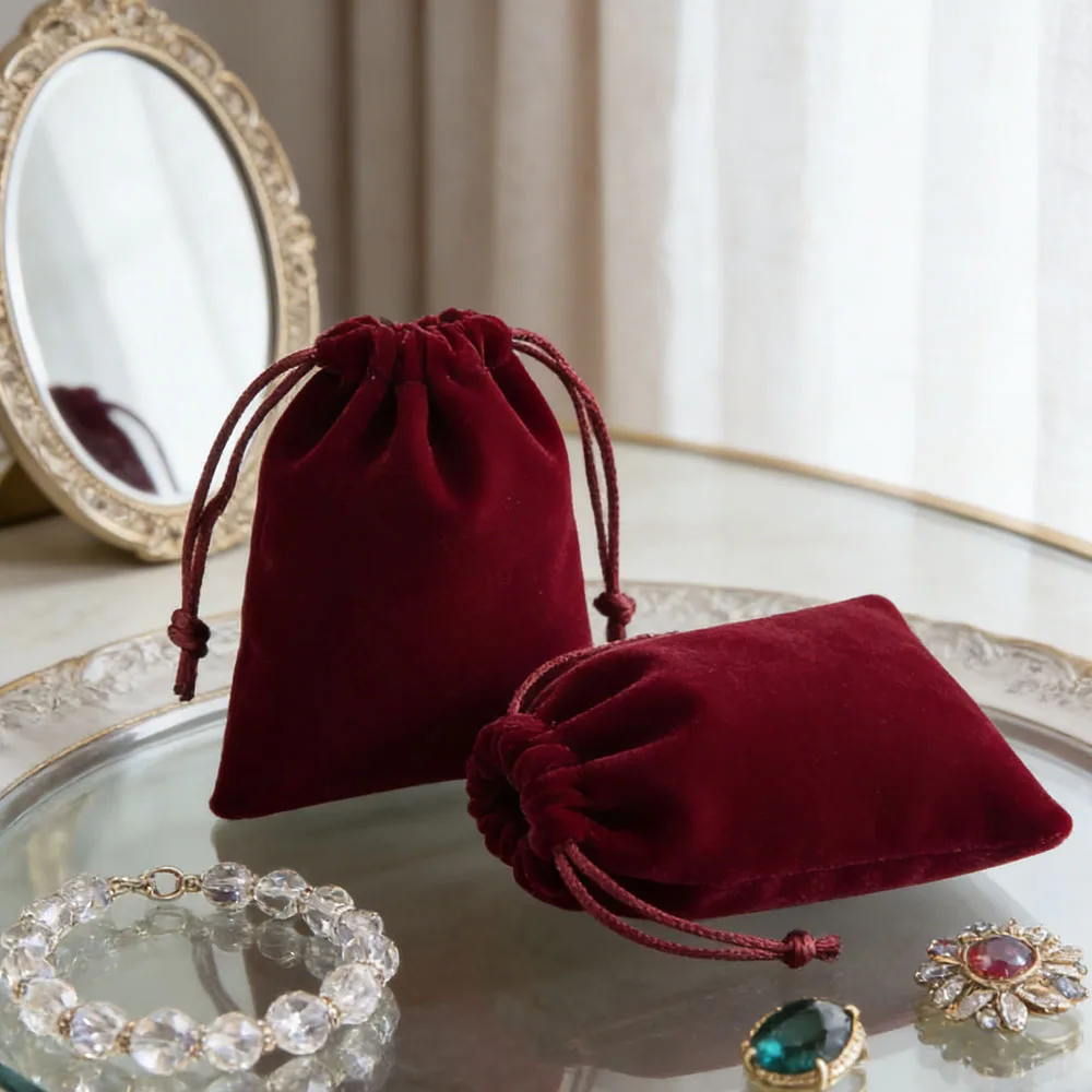 

5 шт., винно-красные ювелирные изделия, бархатная упаковка на шнурке, подарочная сумка, шикарная свадебная сумка, сумка для макияжа, помады, органайзер