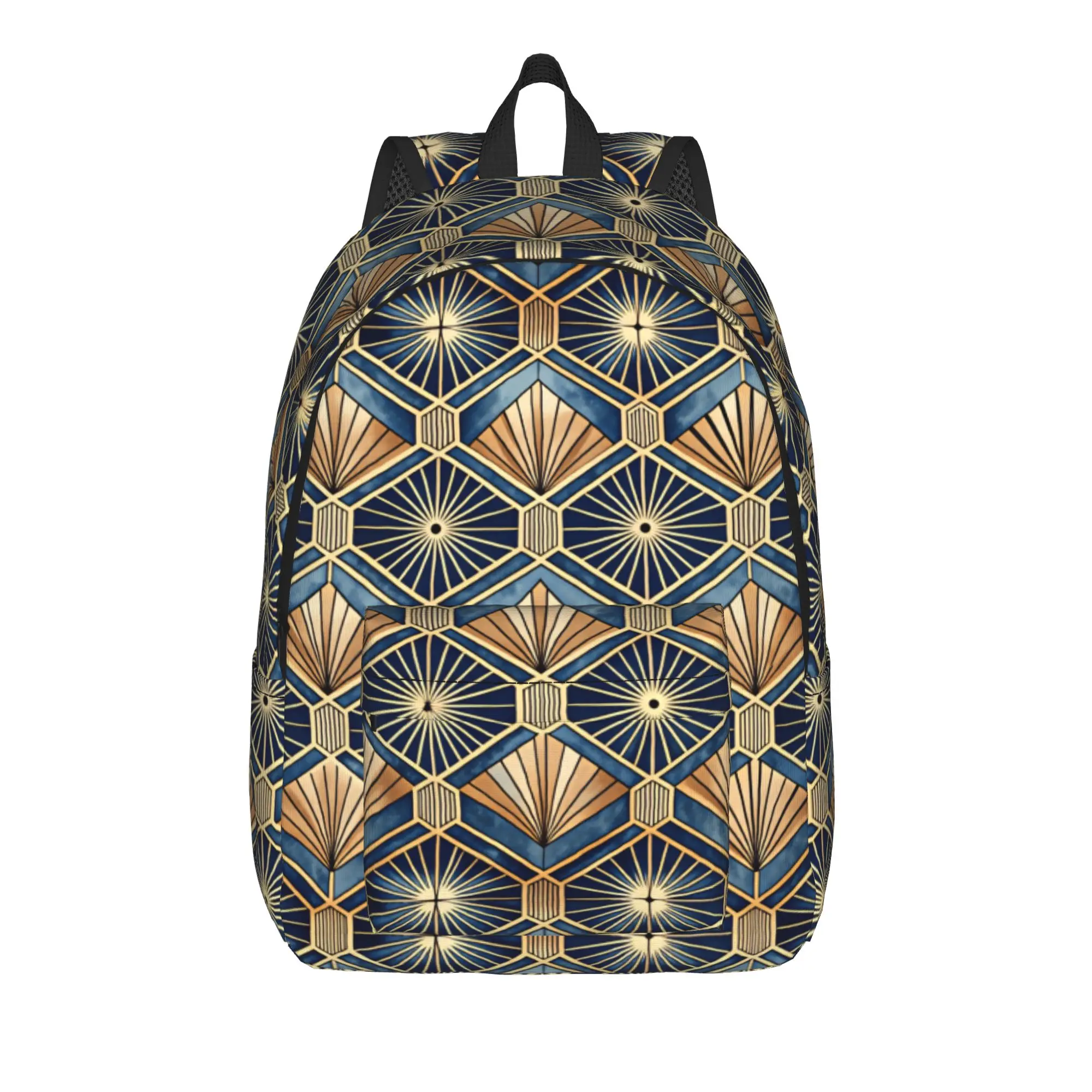 Art Deco Blue Gold Geometric Fan Tile Pattern Backpack  Travel Backpacks Student Unisex High Quality Lightweight School Bags