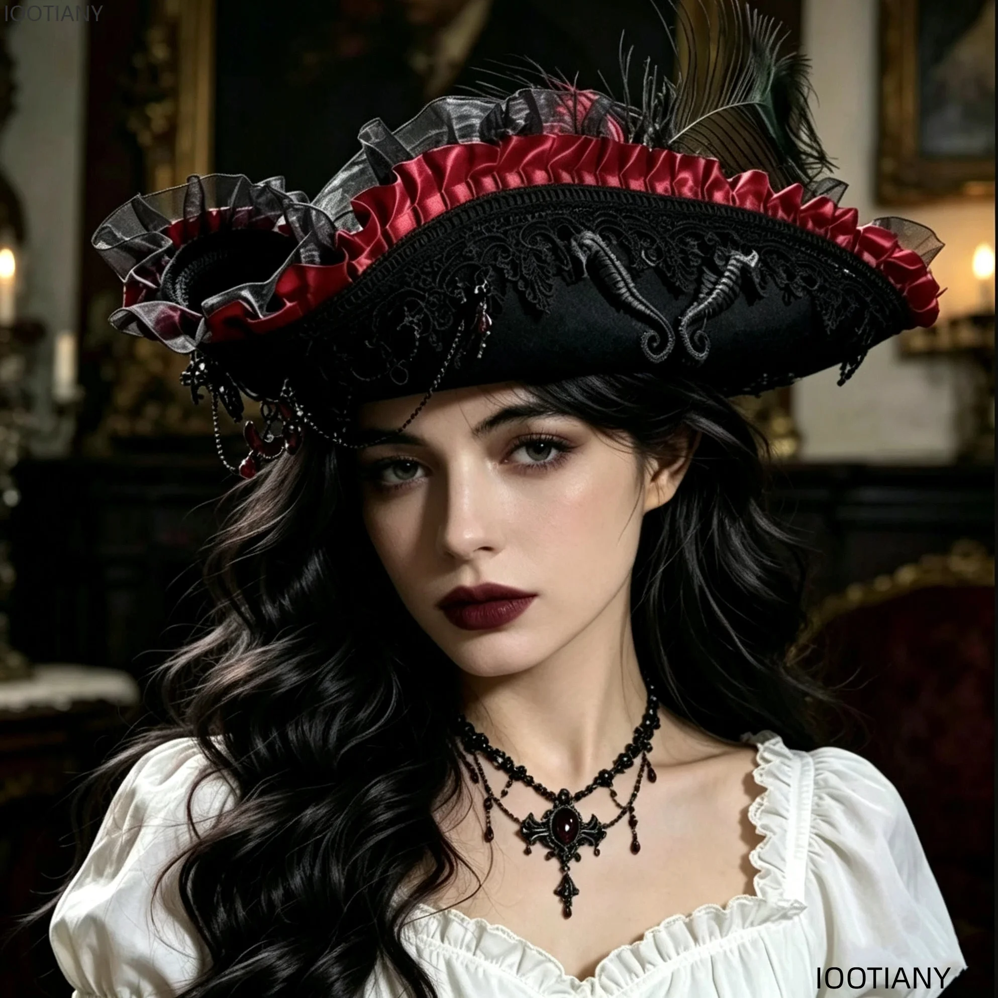 New Black Gothic Pirate Tricorn Hat Rose Snake Lace Trim Decor Halloween Masquerade Stage Show Cosplay Fancy Head Accessory