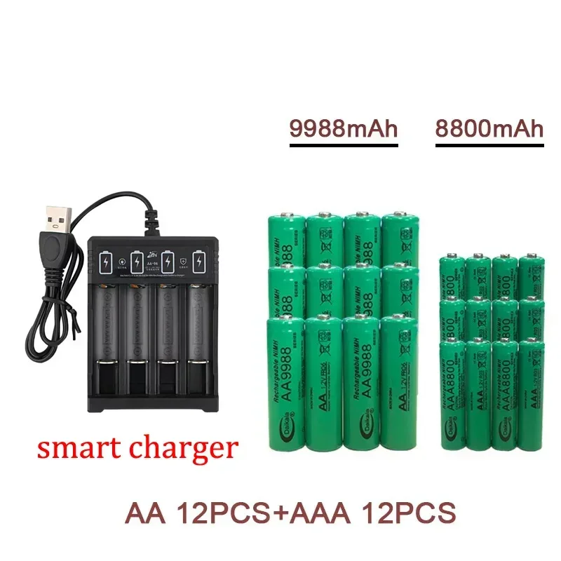 Pilas recargables AA + AAA NI MH de 1,2 V, pilas alcalinas AAA de 9988-8800mah para linternas, juguetes, relojes, reproductores de MP3 y cargadores