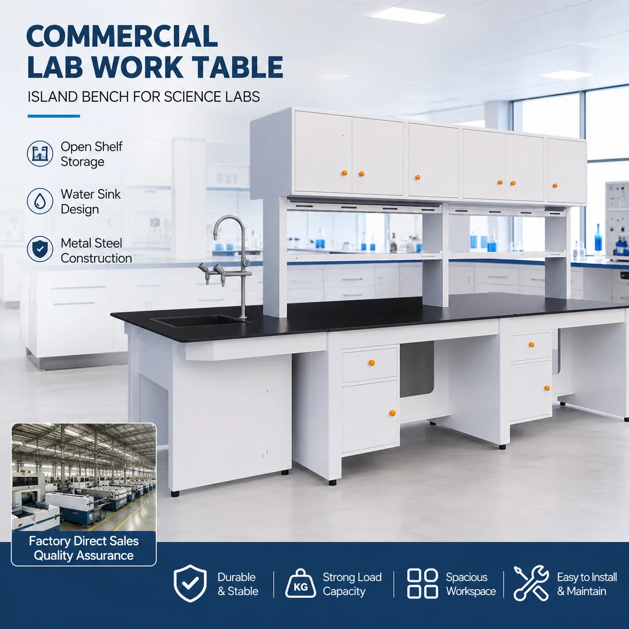 Modern Metal Steel Commercial Lab Work Table And Island Bench Science Lab Tables With Cabinets And Open Shelves