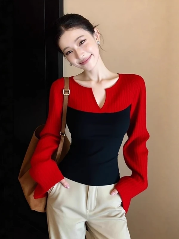 

Unique Knitted Sweater Women's Slim Fit Color Block Design Korean Style Winter Fashion V-Neck Long Sleeve Casual Top