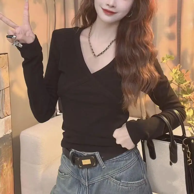 

Модные топы принцессы Kawaii, сексуальные повседневные женские базовые слои, футболка с v-образным вырезом и длинными рукавами, дизайнерские топы на талии, весенне-осенняя одежда