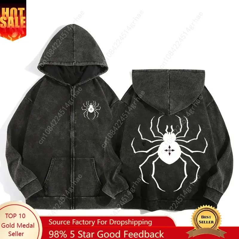 Y2K Acid Wash Zip Up Hoodie Harajuku Retro Gothic Graphic Spider Print Jacket Sweatshirt High Quality Cotton Men Women Clothing