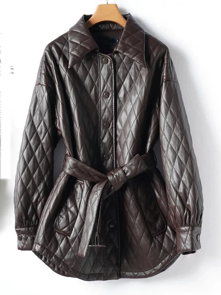 Damen-Lederjacke mit Reverskragen und Schnürung, koreanische Version, modische Herbst- und Winterjacke, neu, einfarbig, warm, einreihig.