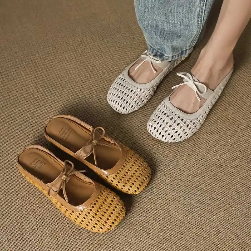 Ultra Breathable Korean Style Butterfly Knot Hollow Woven Heightening Mules round Toe Cover Outdoor Slippers Sheepskin Upgraded
