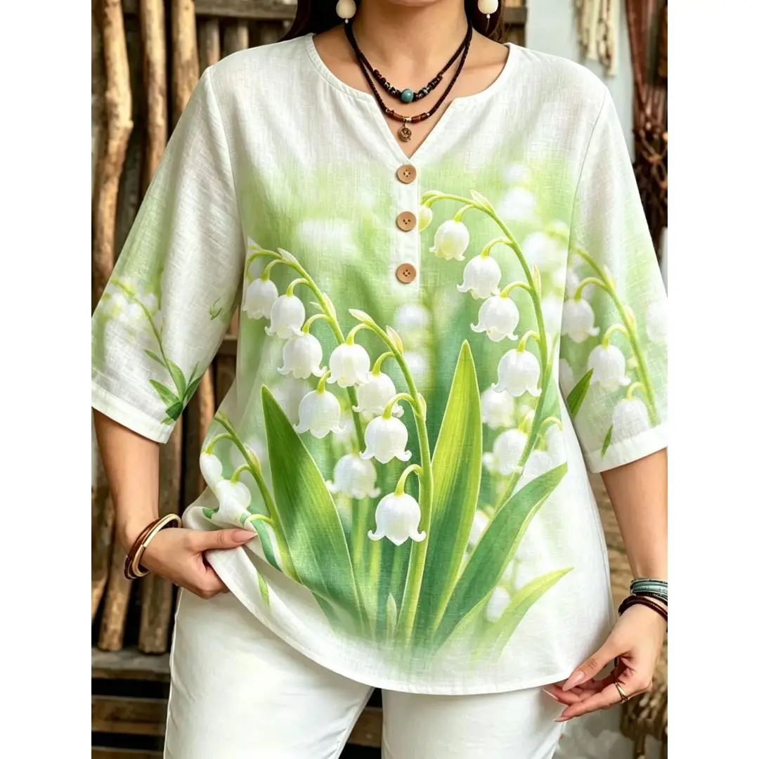 Women 3/4 Notch V Neck Blouse Watercolor Floral Print Loose Casual Linen Texture Daily Top
