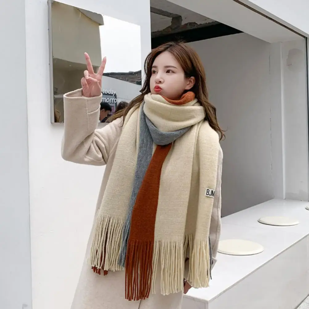 Women Long Scarf Cozy Winter Scarf with Tassel Decor Windproof Patchwork Design Heat Retention for Women Long Thick for Outdoor