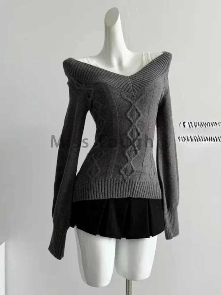 Winter Korean Fashion V-neck Knitted Tops Women Vintage Chic Long Sleeve Solid Slim Sweater Female Casual Elastic Thin Knit Top