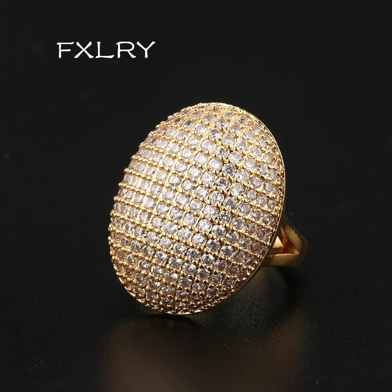 

FXLRY Luxury Full Micro Pave Colorful Cubic Zircon Geometry Big Ring For Women Finger Rings Jewelry