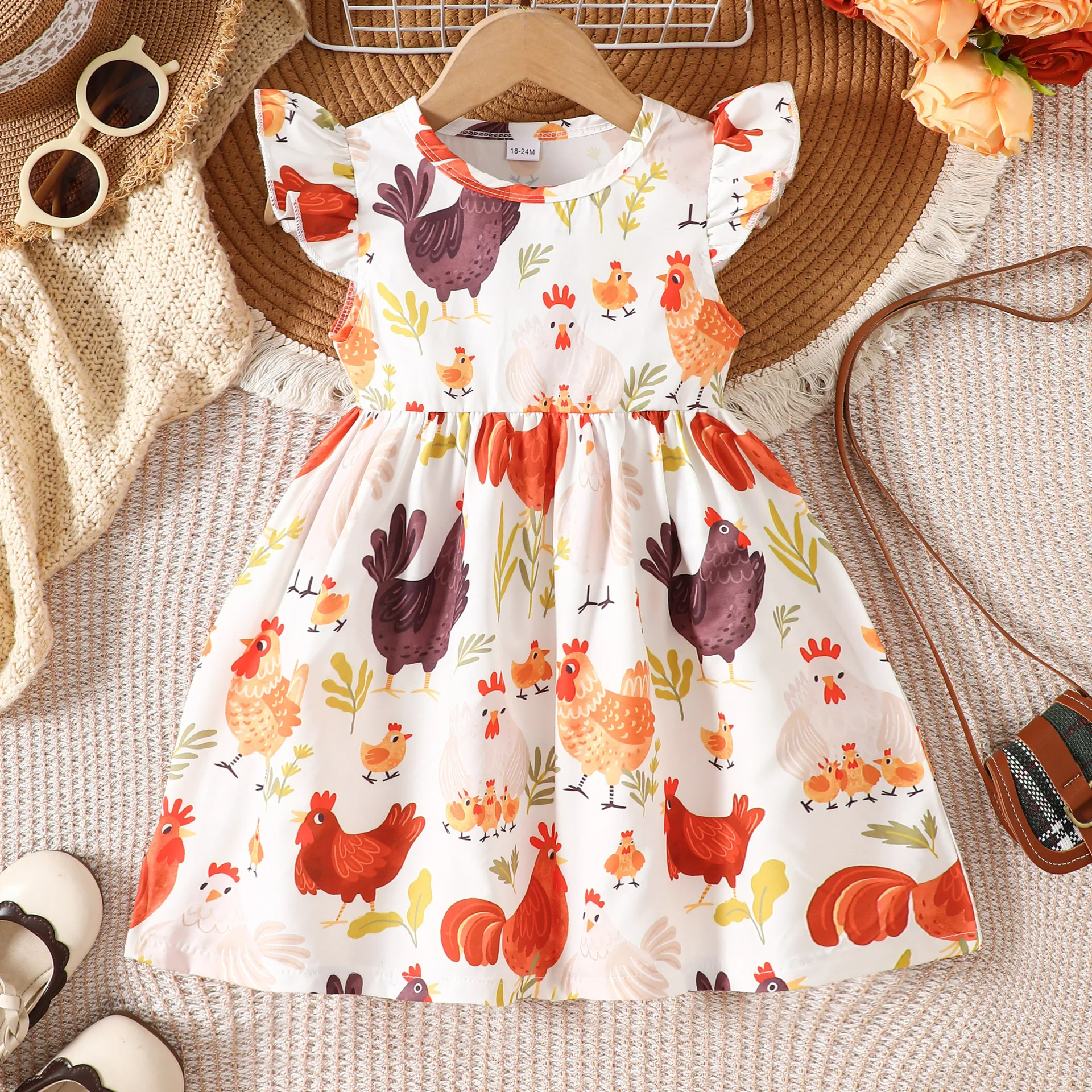 Little Girls Daily Wear Summer Dress Cute Flutter Sleeve Farm Animal Rooster Hen Allover Print Casual Outdoor Kids Dress