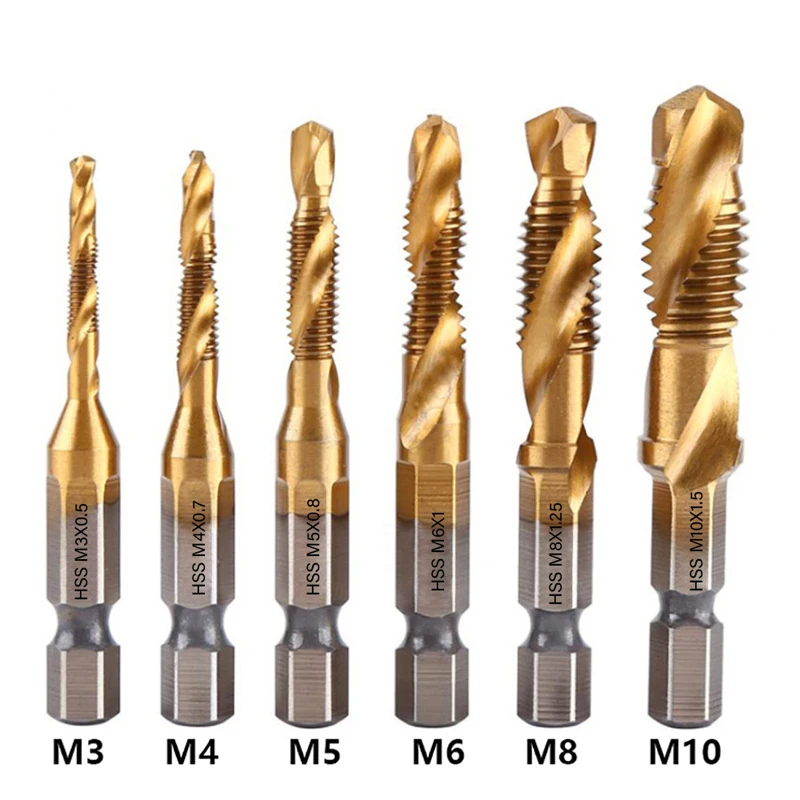 Tap Drill Titanium Plated Hex Shank HSS Screw Thread Metric Tap Drill Bits Screw Machine Compound M3 M4 M5 M6 M8 M10 Hand Tools