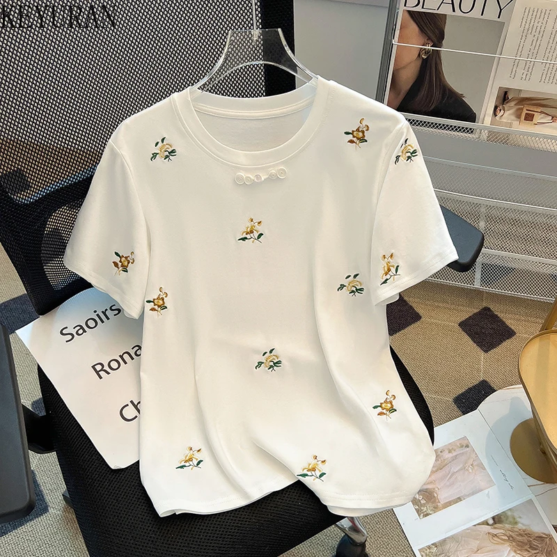 White New Chinese Style Embroidery Floral Button Up Cotton T Shirt Women 2024 Summer Vintage O-Neck Short Sleeve Tops Female Tee