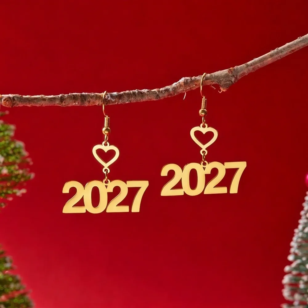 Elegant 2027 Digital Earrings Long Drop Metal Alloy Happy New Year Earrings Hollowed-out Fashion Love Heart Design Stud Earrings