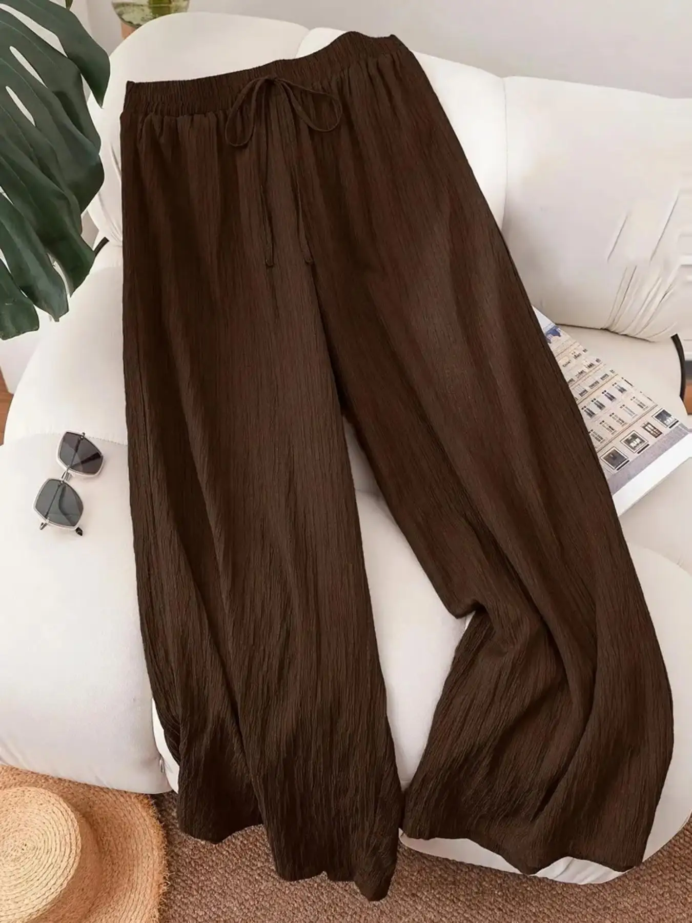 Deep Brown Textured Drawstring Wide Leg Women's Pants Elastic High Waist Front Tie Draped Breathable Fabric Casual Long Trousers