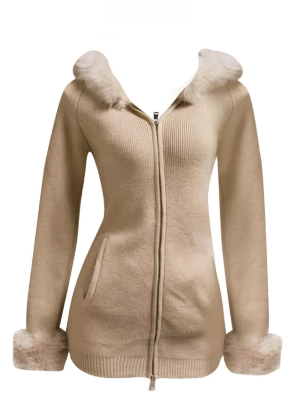 

Wealthy Miss Fur Collar Hooded Knitted Open Cardigan Women's Retro Slimming Zipper Sweater Jaet Long Sve Winter Outerwear