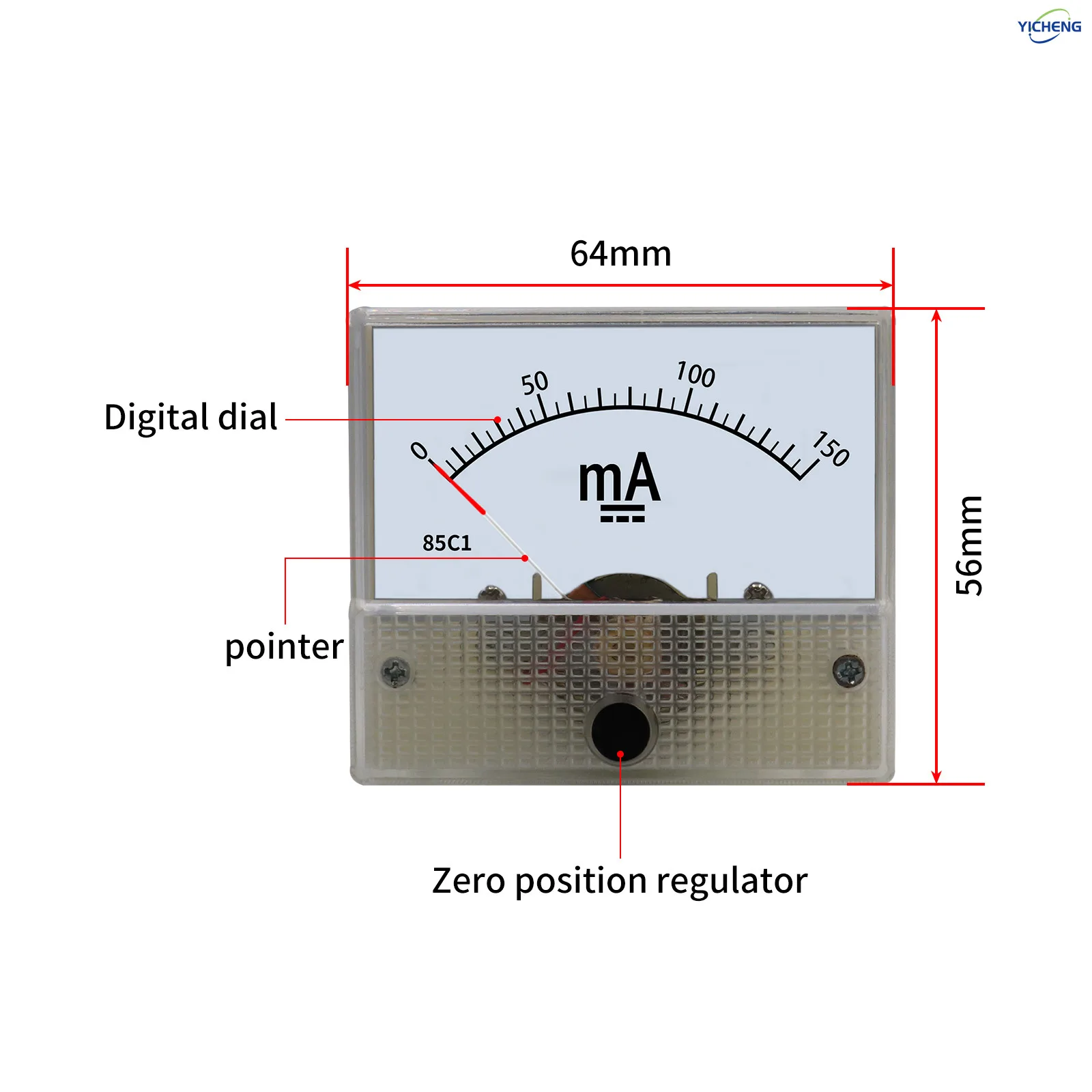 YICHENG DC/AC milliammeter 85series Pointer Type Mechanical Meter.current Measurement 1~1000mA,Panel size 56*64mm,hole size 50mm