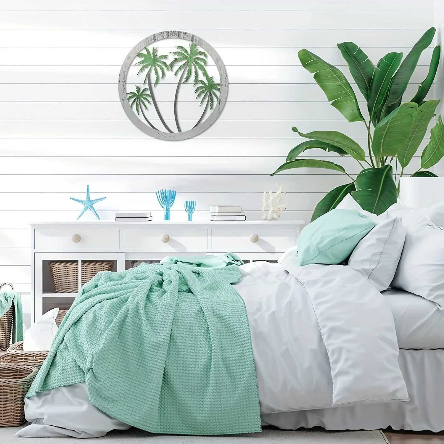 1pc placca da parete in metallo con palma da appendere, decorazione con palmera decorativa per la casa, adesivo da parete rotondo in metallo per esterni