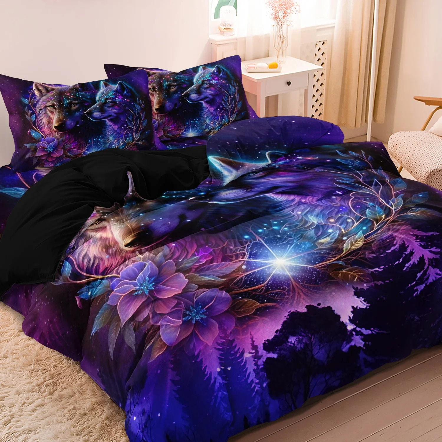  3Pcs Purple Galaxy Wolf Print Duvet Cover Set, Starry Forest Wolves Colorful Floral Printed Bedding, Multiple Sizes Available