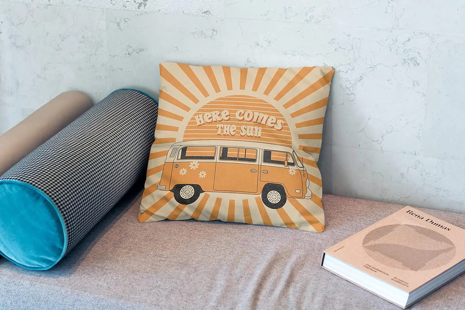 Sun Pillow, Sunshine Pillow,Bus Here Comes The Sun Pillow Covers 18x18,Retro Throw Pillows,Hippies Orange Sun Sunshine Decorativ