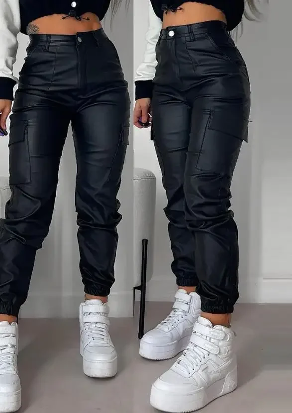 Women's Cargo Pants 2024 Fashion Street Trends Pocket Design Cuffed Y2k Tight PU Leather Trousers Autumn High Waist Pant Female