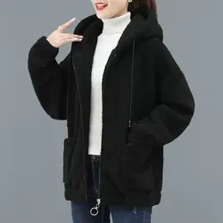 Middle Elderly Aged Mothers Clothing Lamb Cashmere Sweater Hooded Pockets Solid Streetwear Style Loose Keep Warm Coat Hoodies