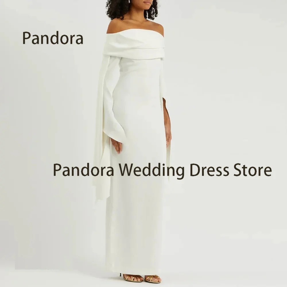 

Pandora White off-the-shoulder ball party gown Full sleeve floor-length pleated women's birthday wedding formal evening dress