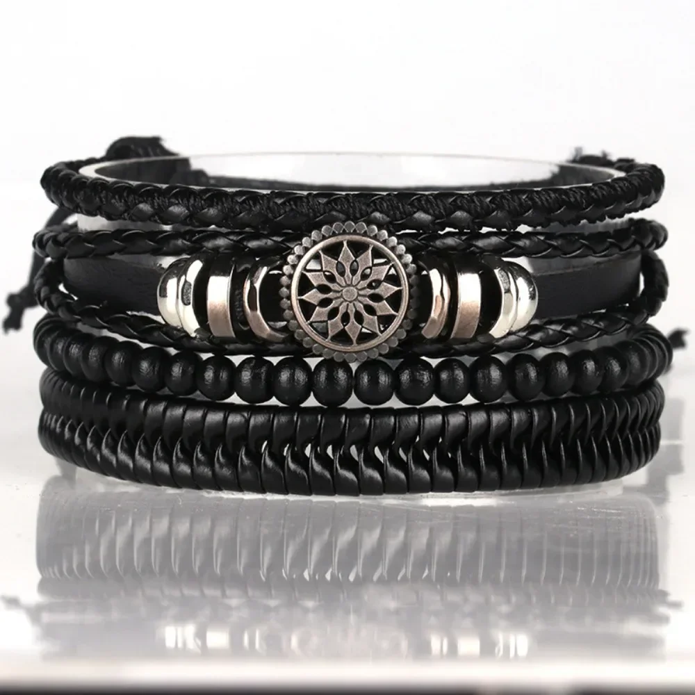 Retro Black Leather Hand-knitted Couple Bracelet for Men Women Hip Hop Rock Design Tree Star Bangle Punk Jewelry Set Wholesale