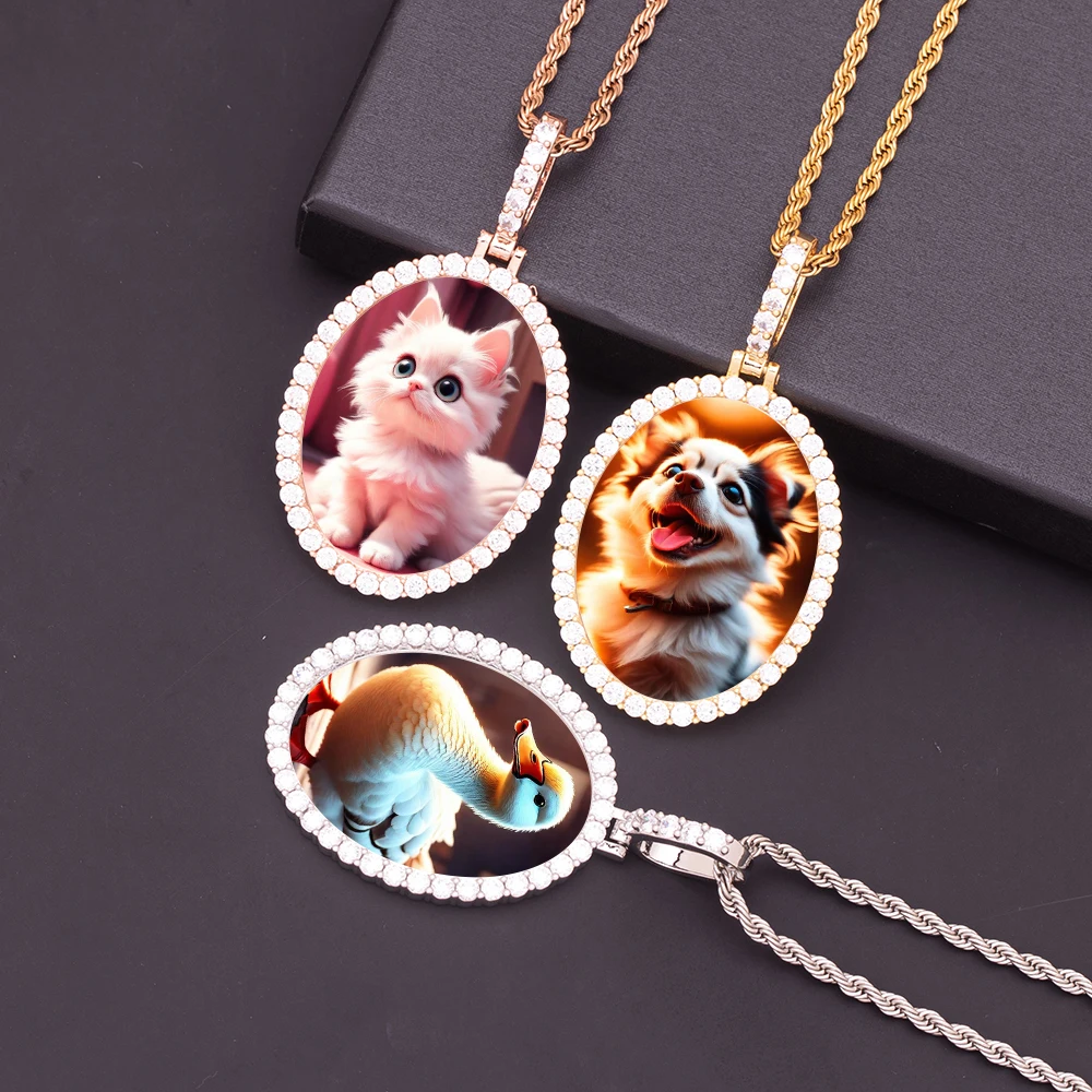 

DIY Custom Iced Out CZ Oval Blank Photo Frame Pendant Hip Hop Cubic Zircon Brass Shiny Pet Memory Picture Charm Necklace Jewelry