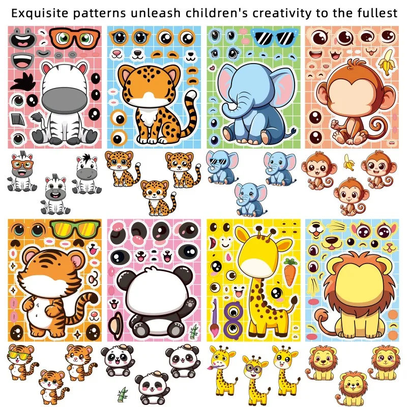 8pcs/Set Animal Cartoon Anime Puzzle Stickers DIY Assemble Game Decal Make A Face Jigsaw Creative Birthday Party Activity Gift