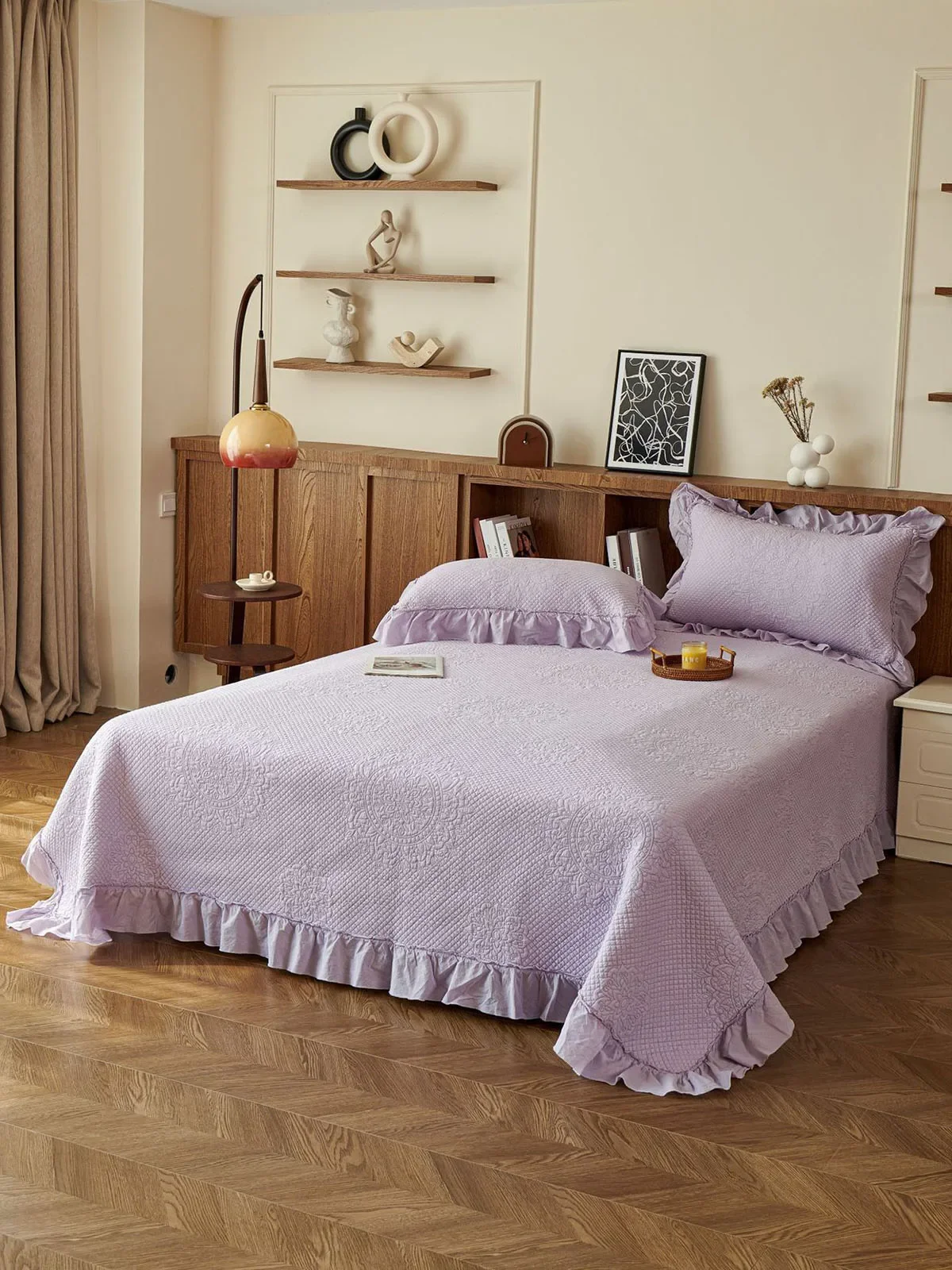 Luxury Cotton Queen Quilt Set 3-Piece Bedspread on the Bed Lightweight Embroidered Ruffle Quilted Coverlet Blanket for Bed