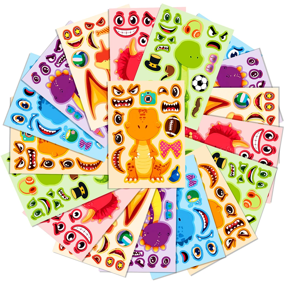 6/12Sheets Kids Game Puzzle Sticker Animals Dinosaur Make a Face DIY Phone Laptop Luggage Graffiti Decals Fun for Kid Gift