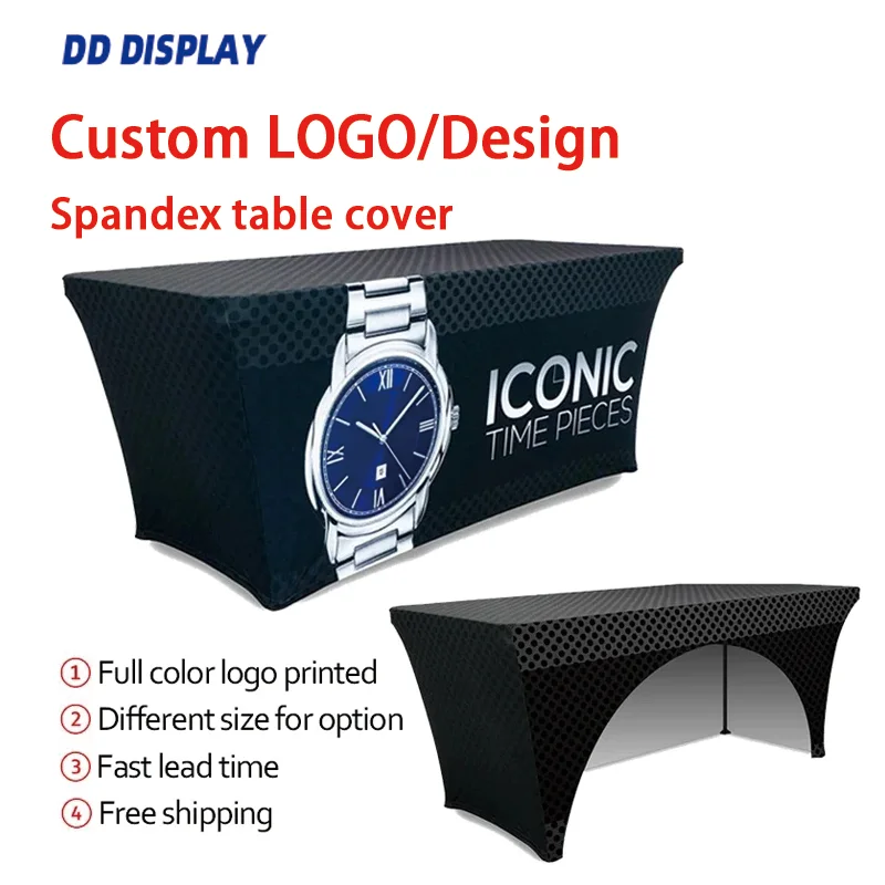 DD Custom Logo Spandex Table Cover, Stretch Table Cloth, Hotel Banquete, Exposição de casamento Counter Decor, 4ft, 6ft, 8ft