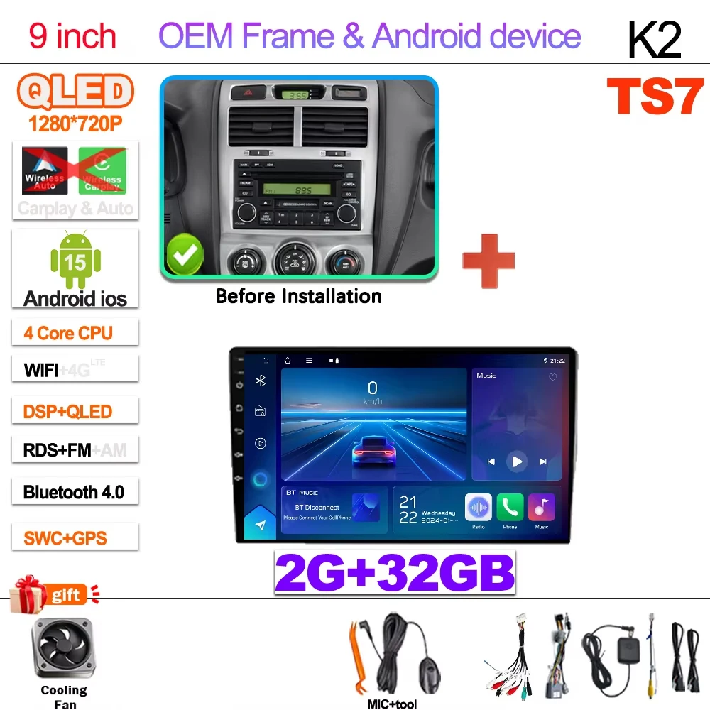 2Din Android 15 Voor Kia Sportage 2 2004-2010 Multimedia Speler Navigatie Carplay Stereo DVD Spiegel Link Stereo Head unit WIFI