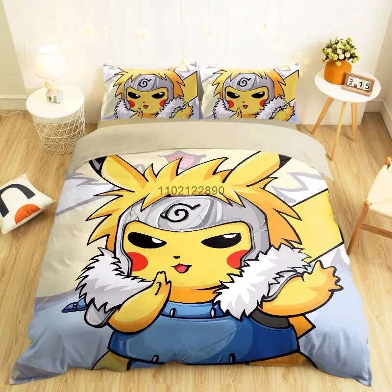 

Pokemon Kawaii Pikachu Cartoon Quilt Cover Three-piece Polyester All Seasons Bedding Set Children's Comforter Pillowcase