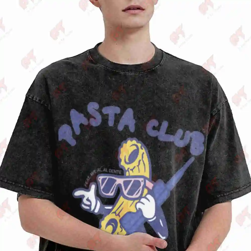 Pasta Club Hand Drawn Cartoon Food Vintage Washed Tee Pure Cotton T-Shirt