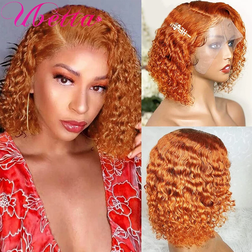 

Orange Curly Human Hair Wig 13x1 Side Part Bob Lace Front Wigs Water Wave Human Hair for Women 180% Density Pre Pluckek Hairline