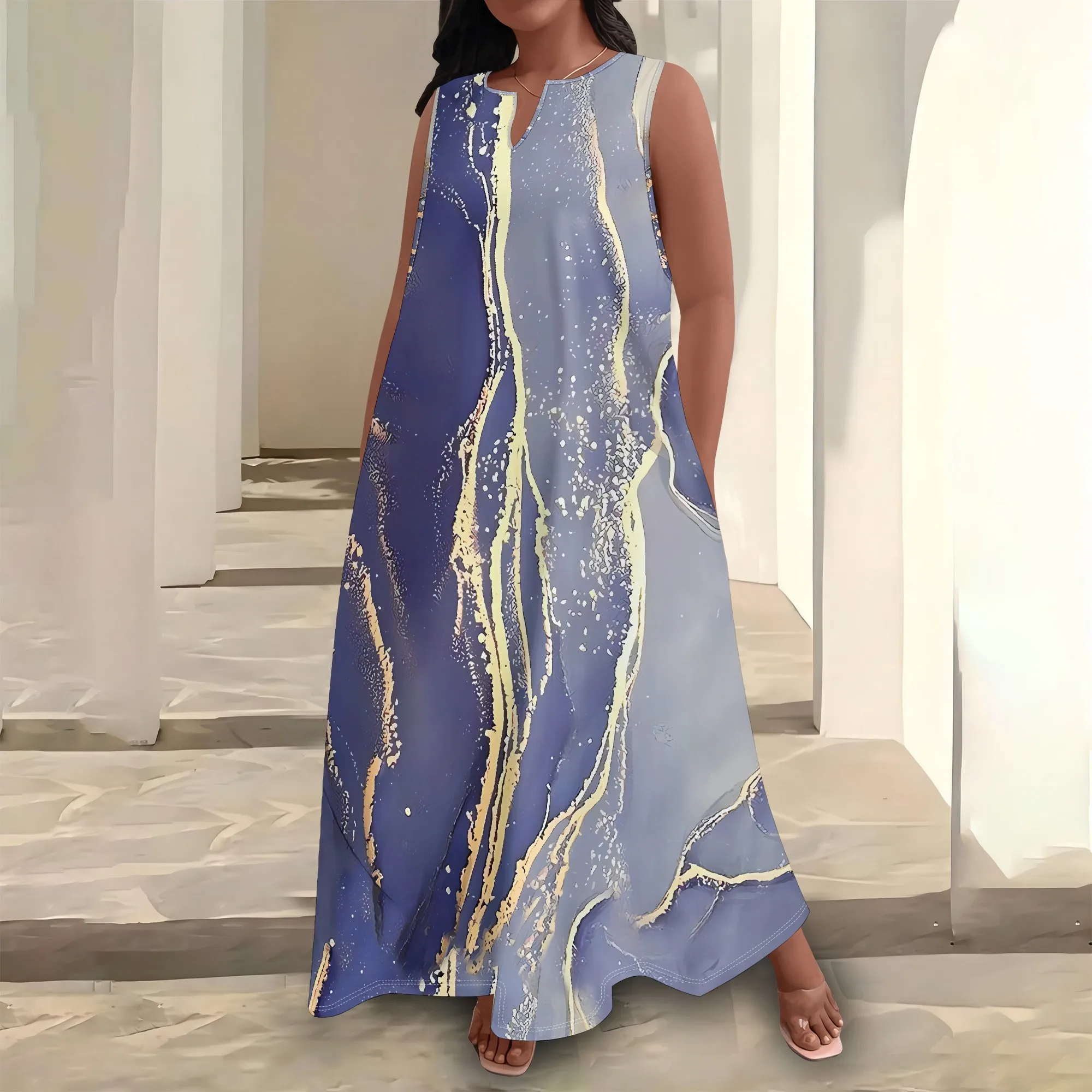 

Plus Size Women's Summerl Fashion Printed African Style Sleeveless Round V Neck Dress Loose And Casual Dress